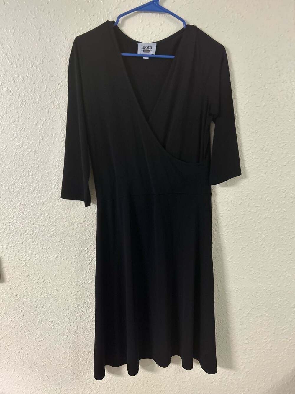 Leota Black Wrap Midi Dress Size L 3/4 Sleeve Fit and Flare